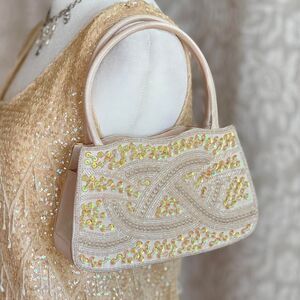 Vintage Bijoux Terner Small Beaded Purse Cream Satin Double Handle Braided Strap